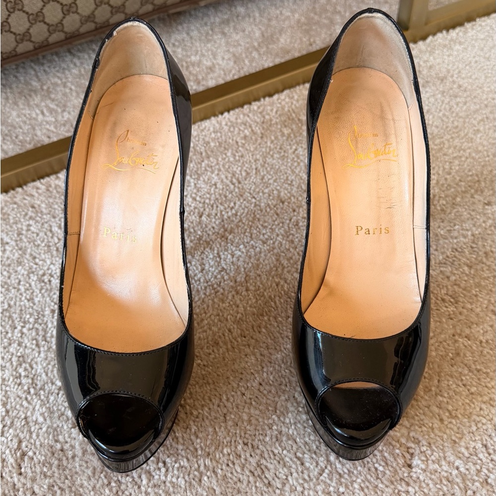 Christian Louboutin Black Patent Peep Toe Pumps